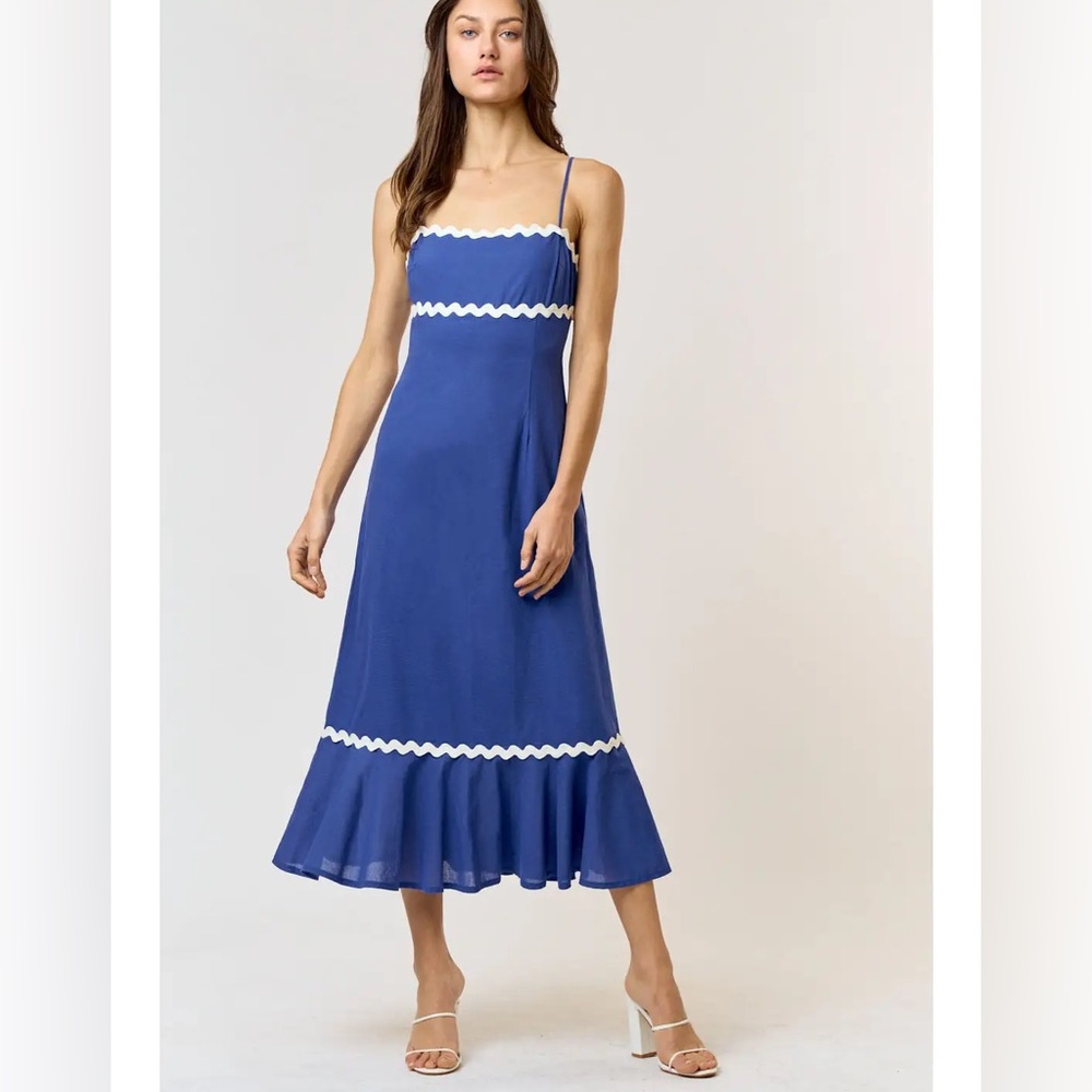 Blue Sleeveless Dress with White Trim